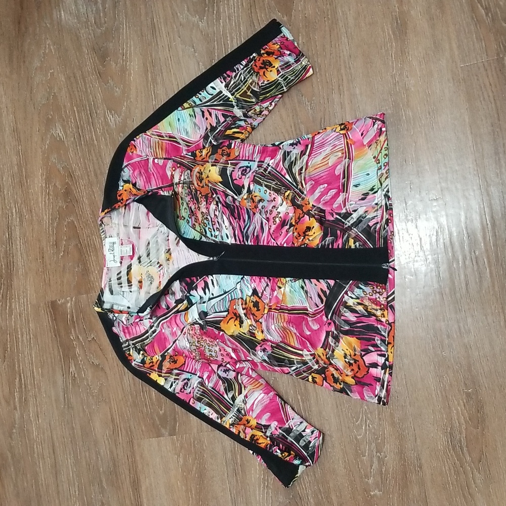 (14) Joseph Ribkoff Art Deco Colorful Top Zipper Sheer Accents Abstract